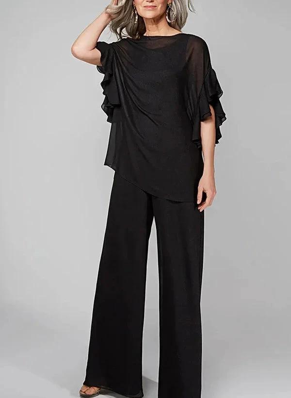 Jumpsuits Scoop Half Sleeves Chiffon Mother Of The Bride Pantsuits by Dreamylily