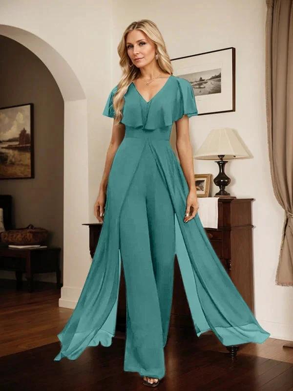 Jumpsuit/Pantsuit V-Neck Floor-Length Chiffon Evening Dress by Dreamylily