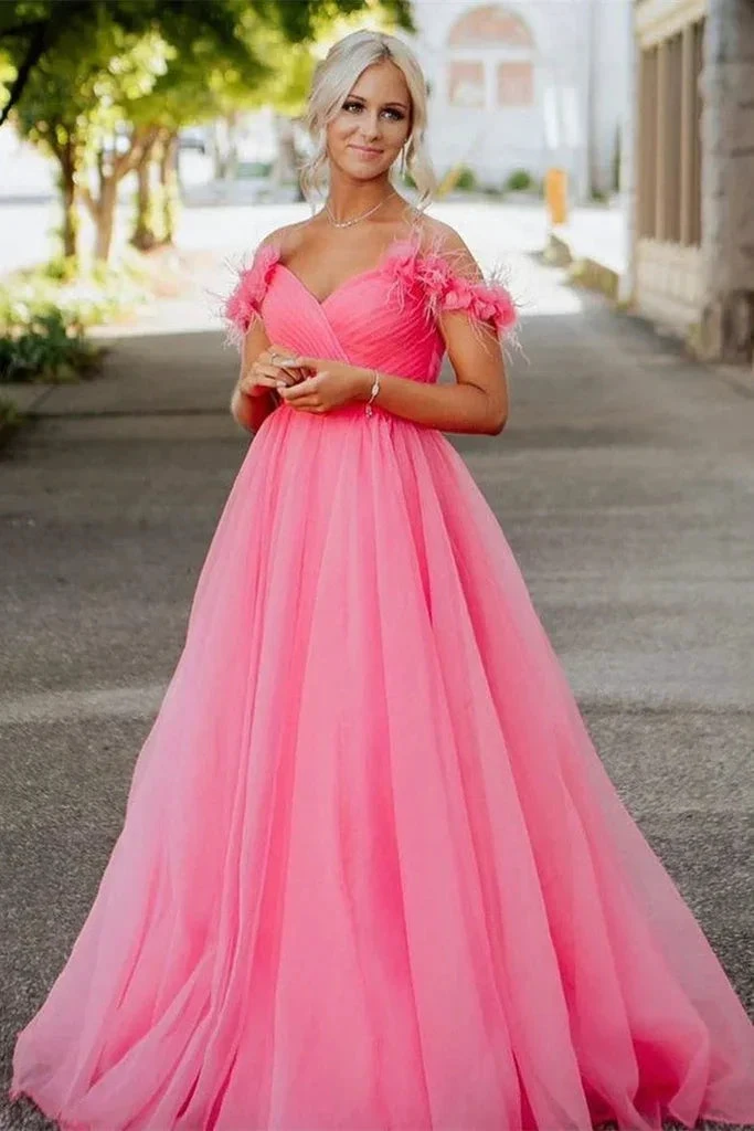 Off Shoulder Hot Pink Tulle Long Prom Dress, Long Hot Pink Tulle Formal Graduation Evening Dress Y1493 by simplepromdress