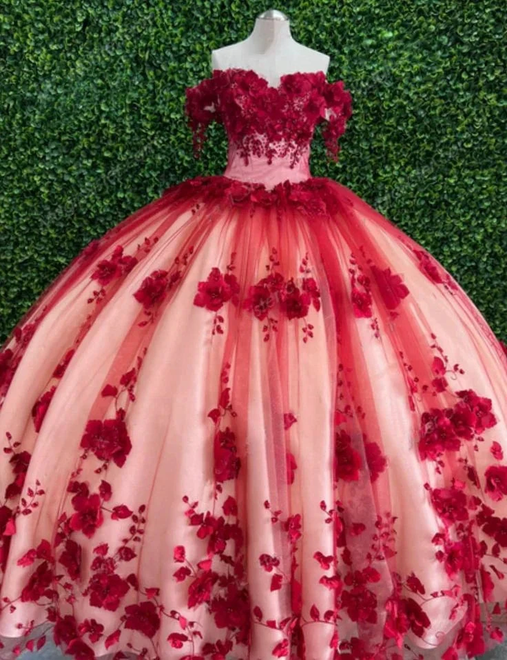 Custom Made 3D Flower Red Lace Quinceanera Dresses Off the Shoulder Ball Gown Y6956 by simplepromdress