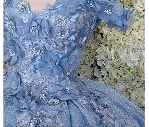 Off the shoulder blue ball gown , sparkly prom dress with flowers S26908 by simplepromdress