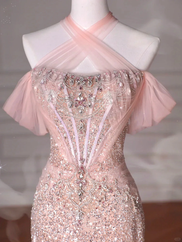 Classy Pink Halter Sequin Beaded Tulle Mermaid Evening Dress Long Prom Dress Y8620 by simplepromdress