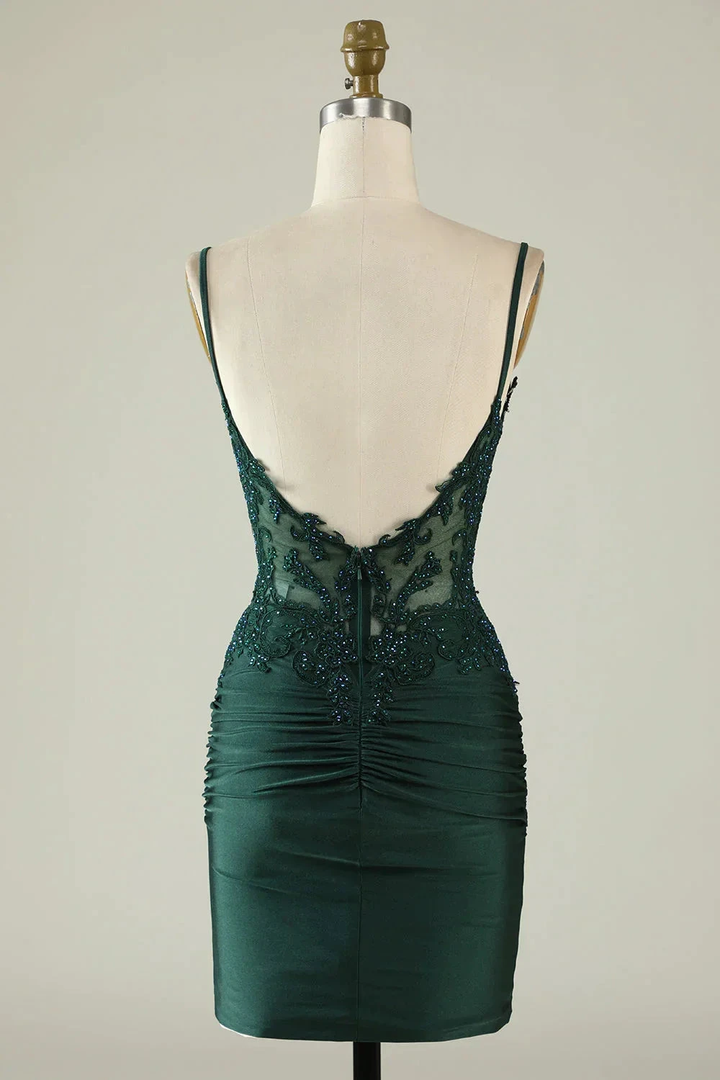 Tight V-Neck Dark Green Pleated Homecoming Dress with Appliques Y2660 by simplepromdress