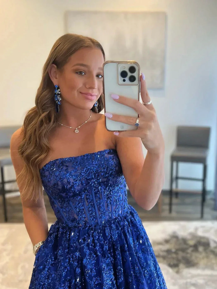Blue A line tulle sequin long prom dress, blue tulle evening dress Y3065 by simplepromdress