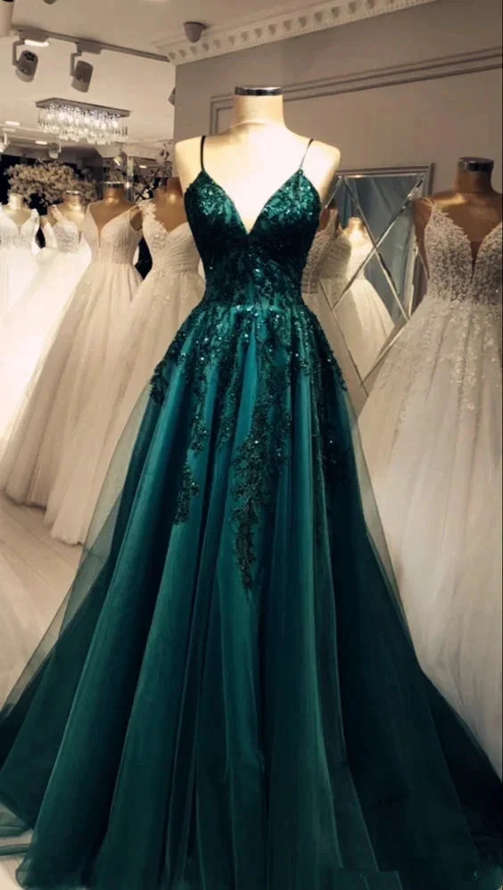 Beautiful Green Spaghetti Straps Tulle Lace Appliques Prom Dress Evening Gown Y7922 by simplepromdress