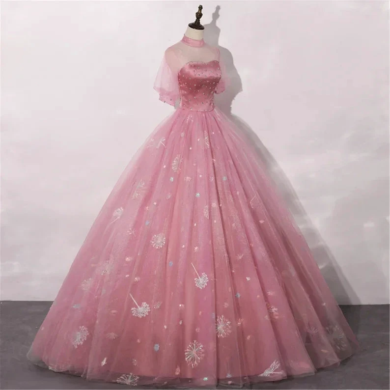 Blush Pink Quinceanera Dress Masquerade Dress A-Line Wedding Dress Floor Length High Neck Bridal Gown Short Sleeves Y2937 by simplepromdress