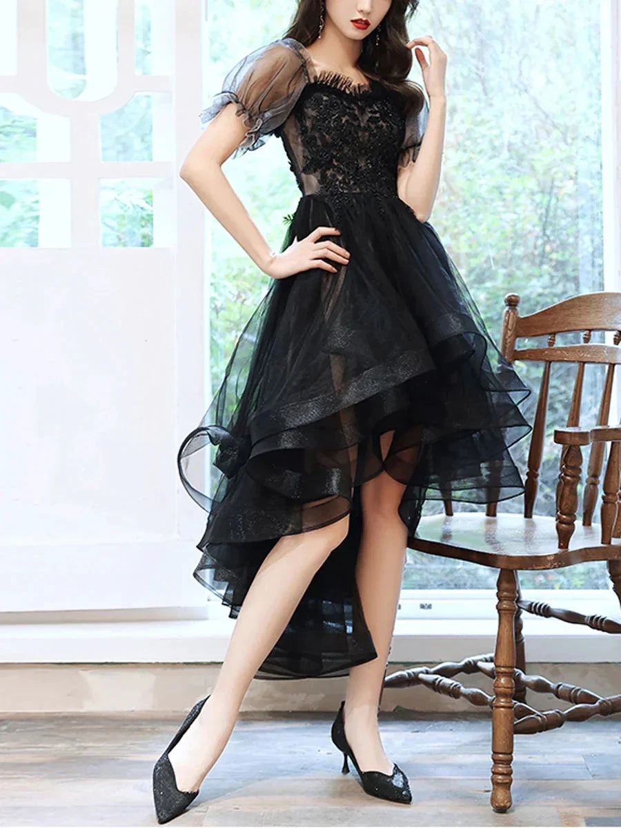 Black Sweetheart Tulle Lace High Low Prom Dress Black Homecoming Dress Y5689 by simplepromdress