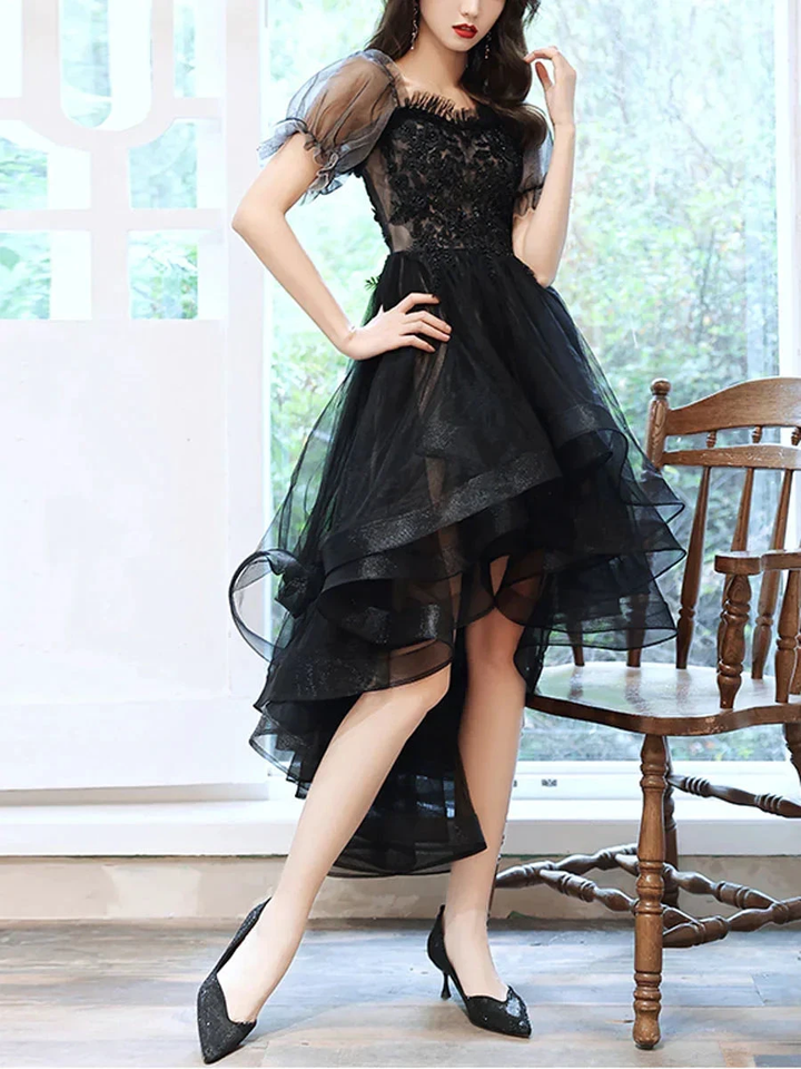 Black Sweetheart Tulle Lace High Low Prom Dress Black Homecoming Dress Y5689 by simplepromdress