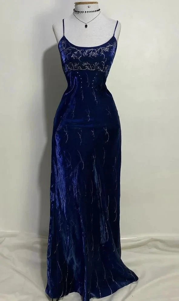 Gorgeous Spaghetti Straps Navy Blue Velvet Beaded Prom Dress Evening Dress Y8411 by simplepromdress