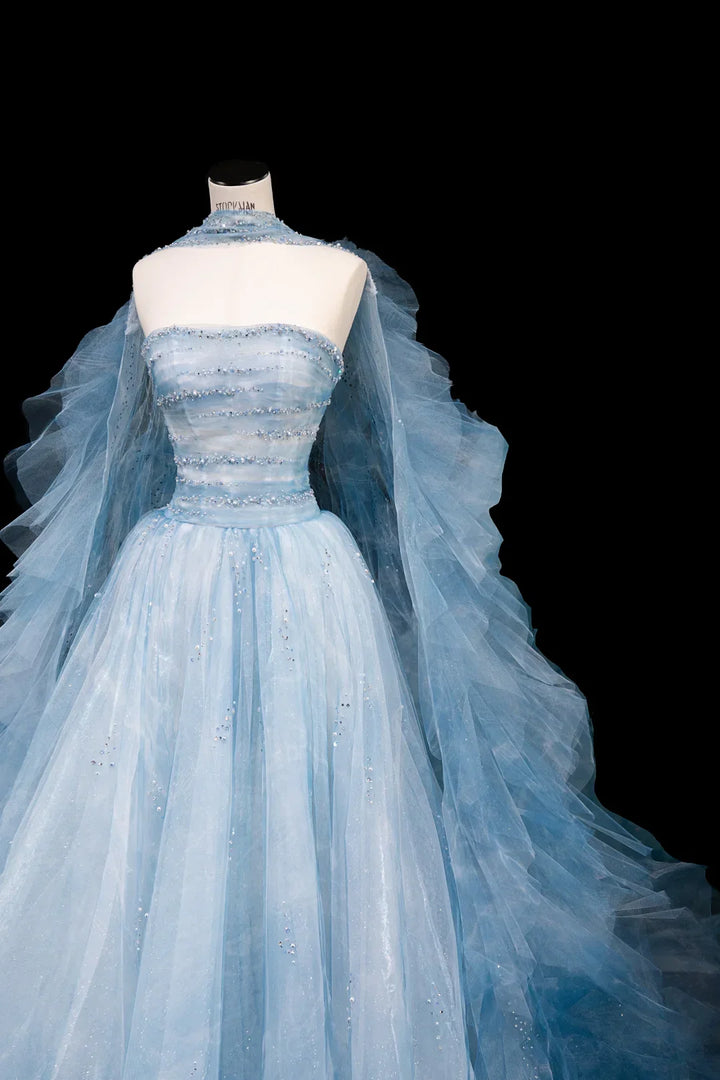 Dream Blue Tulle Beaded A Line Prom Dress Long Evening Dress Y8691 by simplepromdress