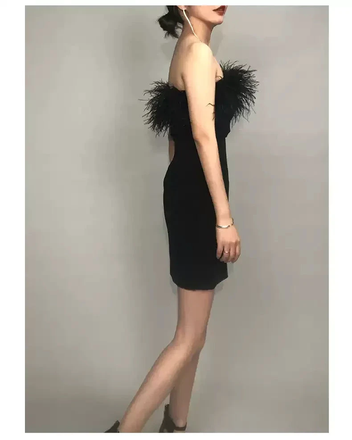 Womens Feather Off Shoulder Bandage Dresses Side Split Cocktail Party Bodycon Dress Black Short Homecoming Dress Y1356 by simplepromdress