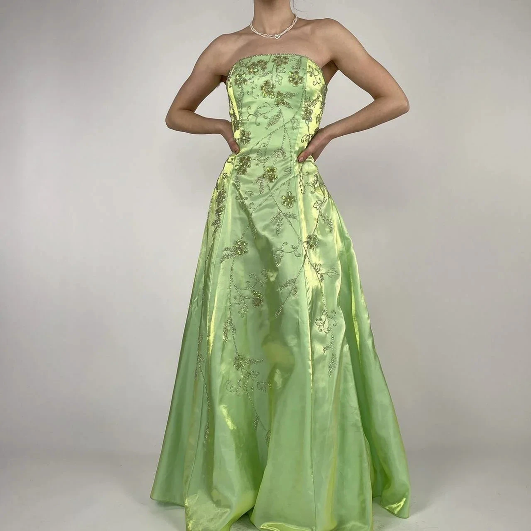 Strapless Green Satin Beaded A Line Prom Dress Evening Dress Y8412 by simplepromdress