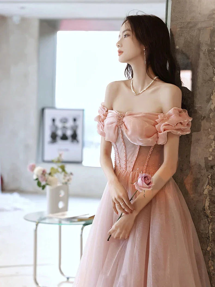 Pink Sweetheart Neck Tulle Beads Long Prom Dress, Pink Evening Dress,Y2406 by simplepromdress