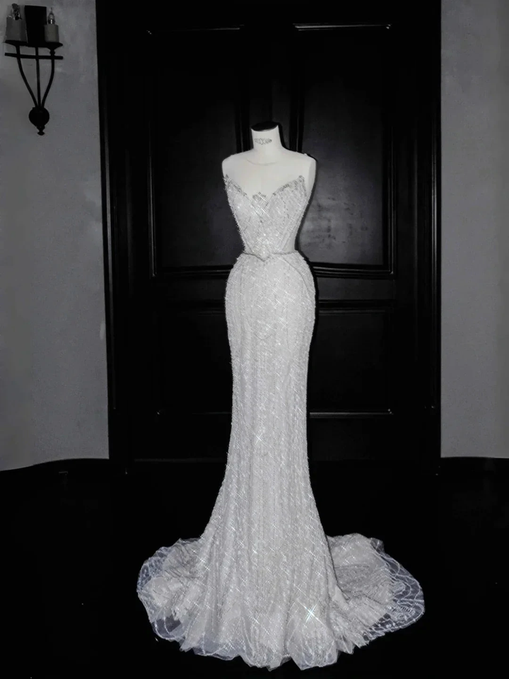 Glitter White Tulle Beaded Mermaid Prom Dress Long Evening Dress Wedding Dress Y8666 by simplepromdress
