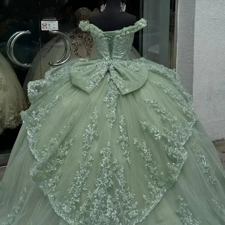 Luxury Mint Green Off The Shoulder Quinceanera Dress Tulle Applique Beading Tiered Bow Birthday Ball Gown Y8125 by simplepromdress