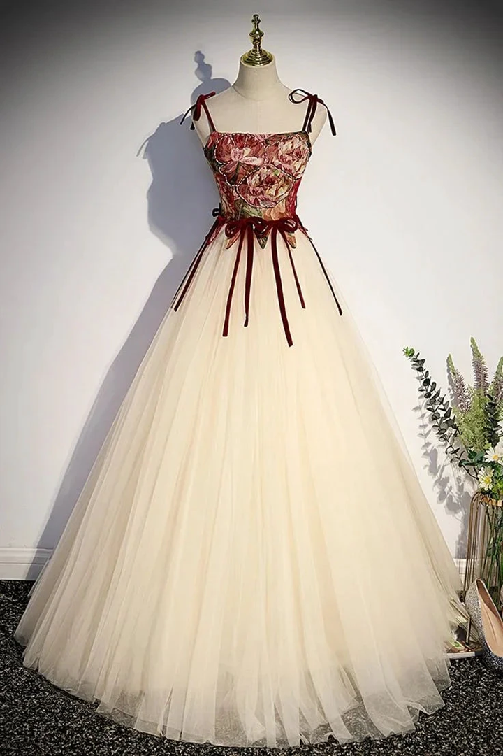 Champagne Tulle Spaghetti Strap Long Prom Dress A Line Party Ball Gown Y7952 by simplepromdress