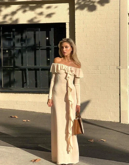 Classy Off The Shoulder Ruffles Cream Long Prom Dress Slit Party Evening Dress Y7975 by simplepromdress