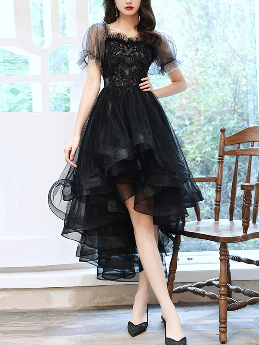 Black Sweetheart Tulle Lace High Low Prom Dress Black Homecoming Dress Y5689 by simplepromdress