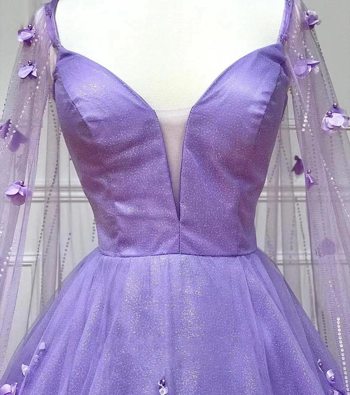 Lavender 3D Floral Lace A-Line Prom Dress with Cape Sleeves by KissProm