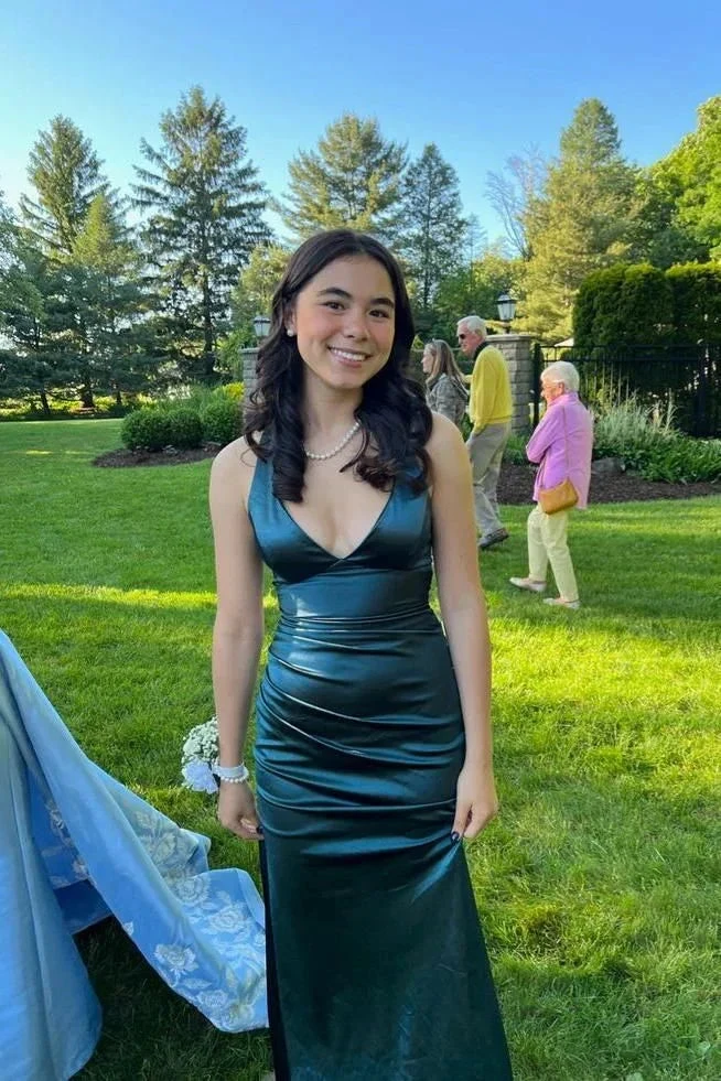 Long Formal Dress Womens Teal Strappy-back Satin Sleeveless Evening Dress Y2928 by simplepromdress