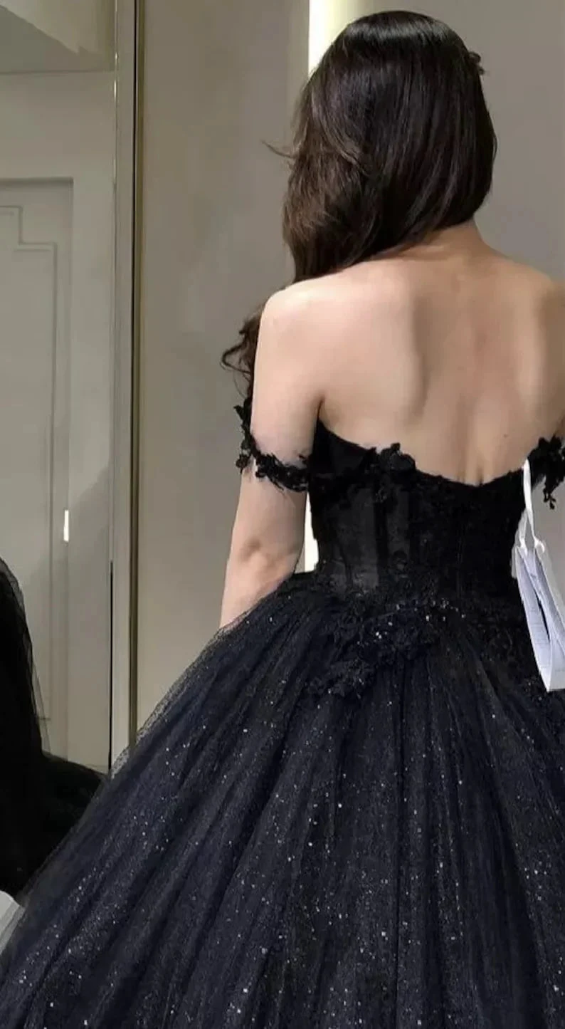 Lace Applique Tulle Dress, Black Glitter Wedding Dress, 3D Flowers Long Evening Dress Y1625 by simplepromdress