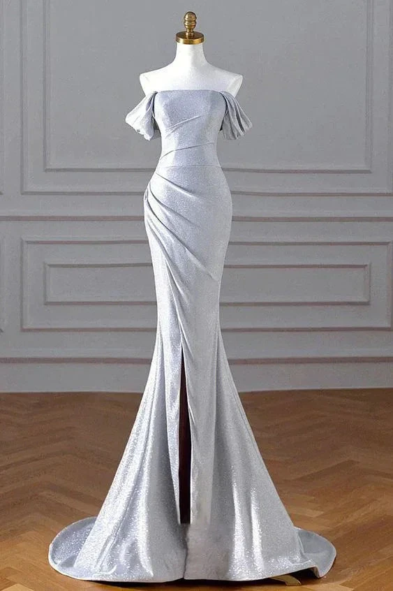 Elegant silver off-shoulder evening gown on mannequin, ZAPDRESS formal dress display