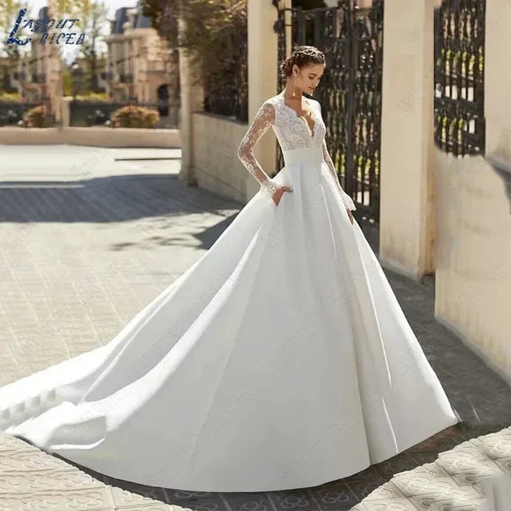 Elegant Wedding Dresses For Woman Vestidos De Novia V Neck Lace Long Sleeves Satin Bridal Gown Illusion Back Bride by payinti