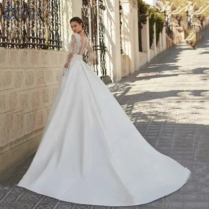 Elegant Wedding Dresses For Woman Vestidos De Novia V Neck Lace Long Sleeves Satin Bridal Gown Illusion Back Bride by payinti