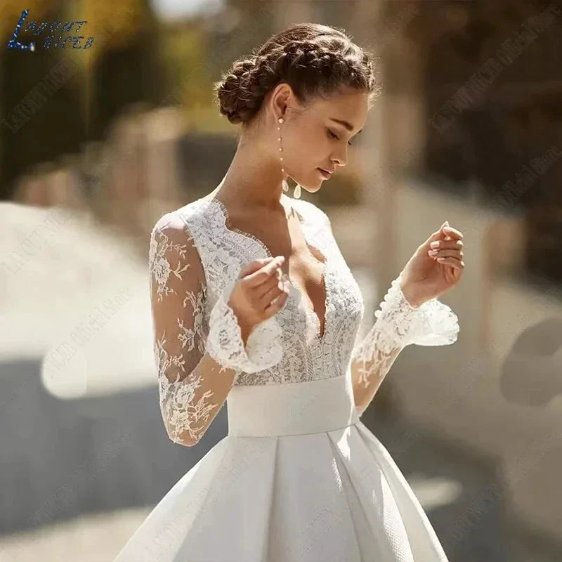Elegant Wedding Dresses For Woman Vestidos De Novia V Neck Lace Long Sleeves Satin Bridal Gown Illusion Back Bride by payinti