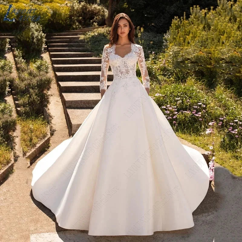 Wedding Dresses For Woman Lace Half Sleeves Luxury Satin Bridal Gown Illusion Appliqued Bride Vestidos De Boda 2023 by payinti