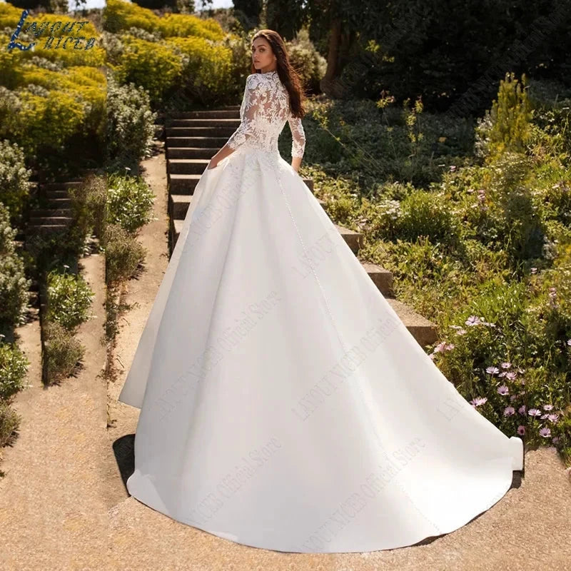 Wedding Dresses For Woman Lace Half Sleeves Luxury Satin Bridal Gown Illusion Appliqued Bride Vestidos De Boda 2023 by payinti