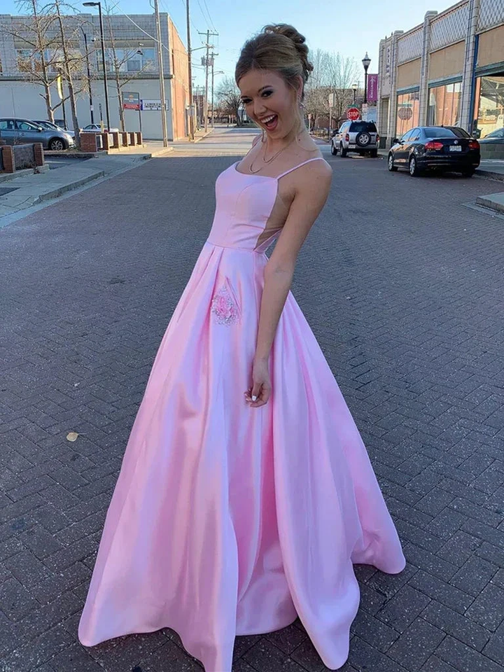 Pink Satin Prom Dress with Pockets, Pink Satin Long Formal Evening Dresses Y237 by simplepromdress