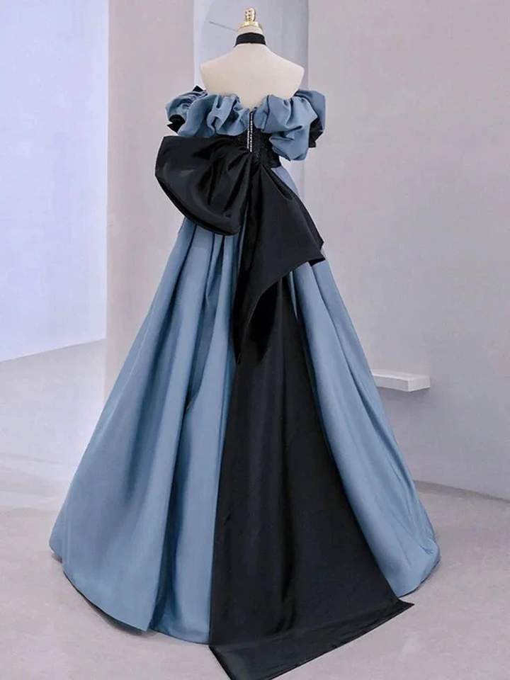 Blue Satin Lace Long Prom Dress Off Shoulder Evening Dress Y5621 by simplepromdress