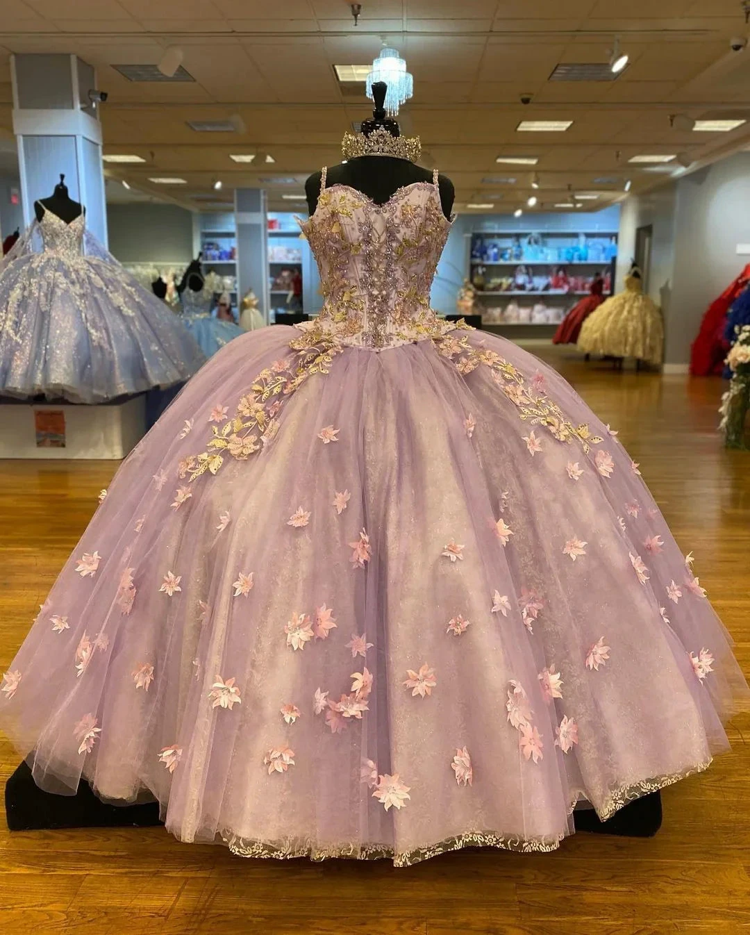 Pretty Spaghetti Straps 3D Flowers Adorned Court Train Quinceanera Ball Gown Lace Inside Y1247 by simplepromdress