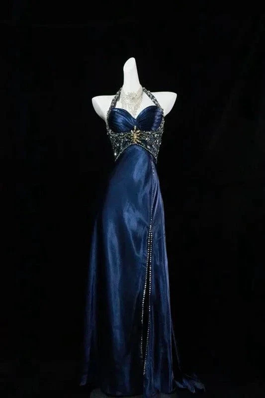 Luxury Navy Blue Beaded Slit Evening Dress Formal Prom Dress Y7723 by simplepromdress