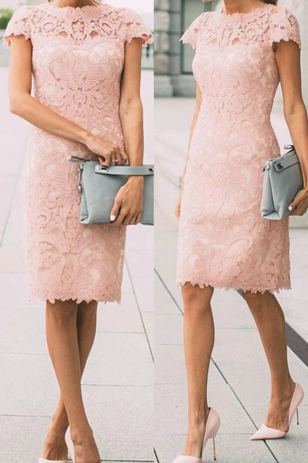 Chic Pink Cap Sleeves Lace Knee Length Short Prom Dresses by Ombreprom