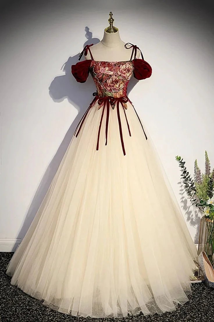 Champagne Tulle Spaghetti Strap Long Prom Dress A Line Party Ball Gown Y7952 by simplepromdress