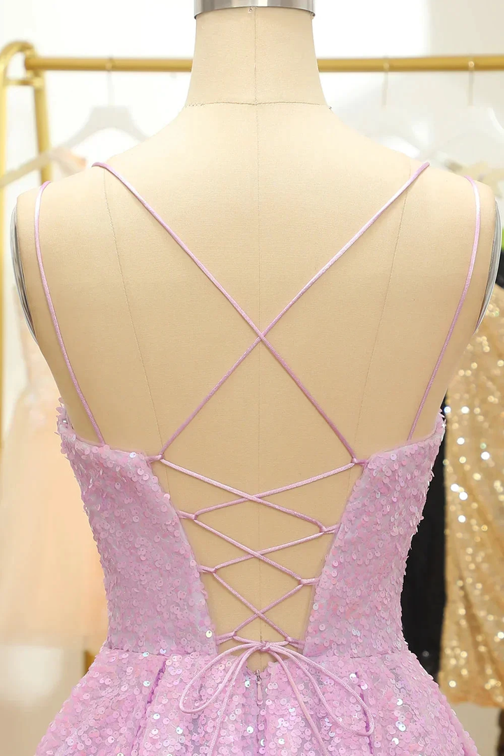 Lilac Sequins A-Line Lace-Up Homecoming Dress Y2994 by simplepromdress