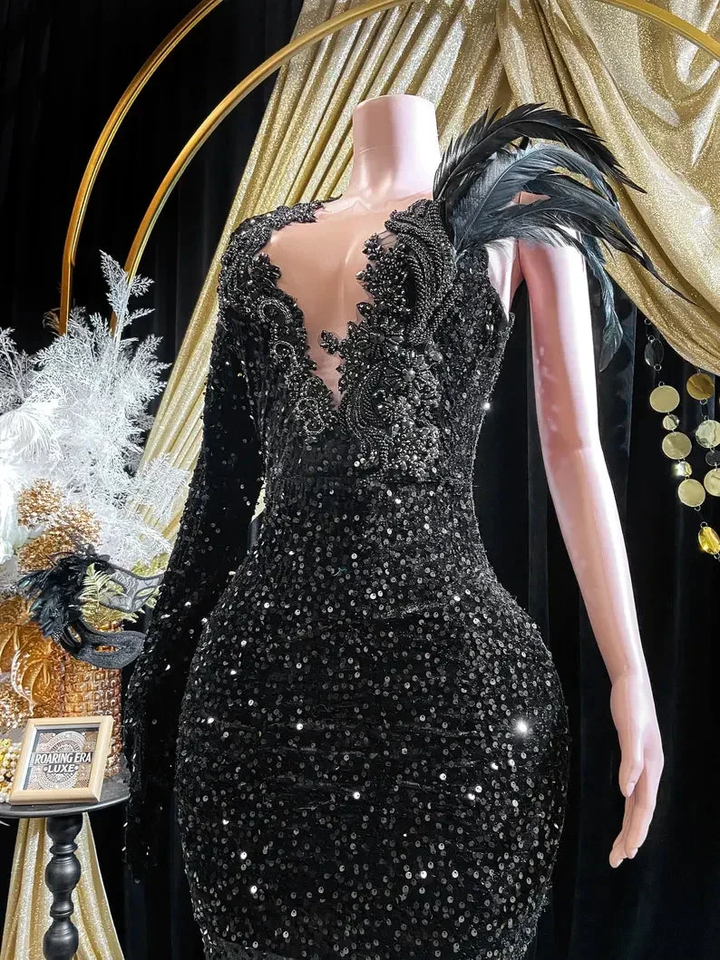 Black Sequins Rhinestone Applique Long Sleeve Mermaid Prom Dress Evening Dress Y8313 by simplepromdress