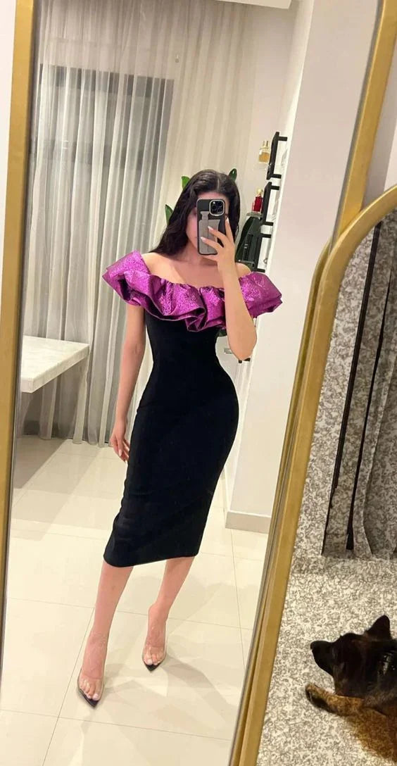 Woman in mirror selfie wearing black dress with shiny purple ruffle, ZAPDRESS fashion