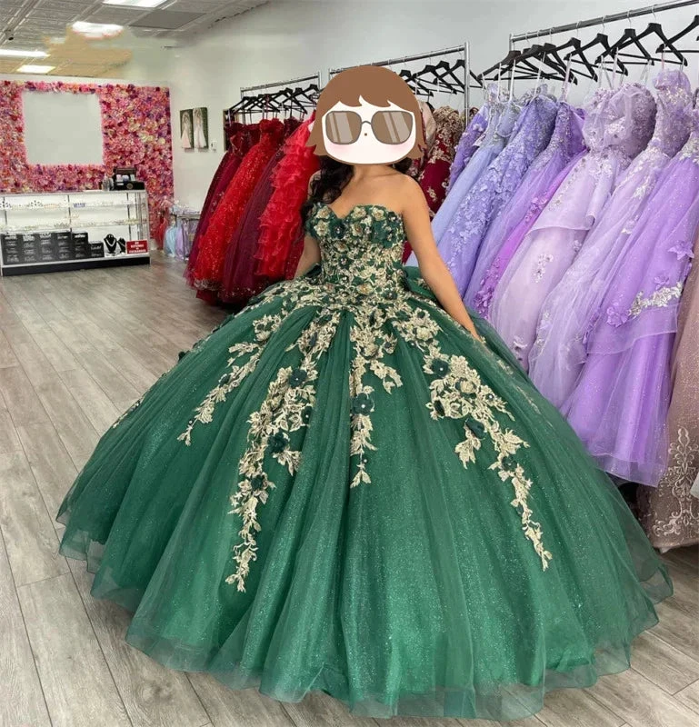 Green Swetheart Quinceanera Dresses Birthday Prom 3D Flowers Ball Gown Y4437 by simplepromdress