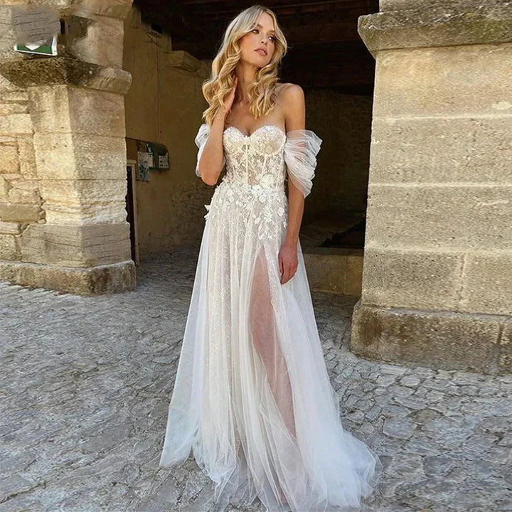 Lace Boho High Fork Wedding Dresses A Line Off The Shoulder Beach Sweetheart Bride Dresses Custom Made To Measures Floor Length by payinti