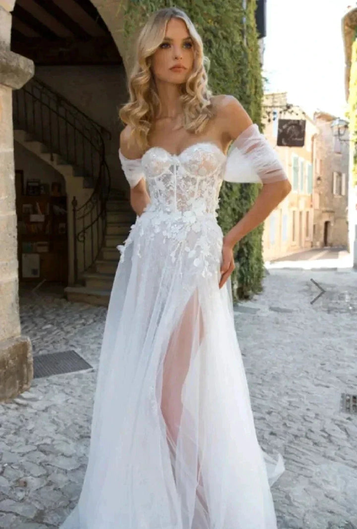 Lace Boho High Fork Wedding Dresses A Line Off The Shoulder Beach Sweetheart Bride Dresses Custom Made To Measures Floor Length by payinti
