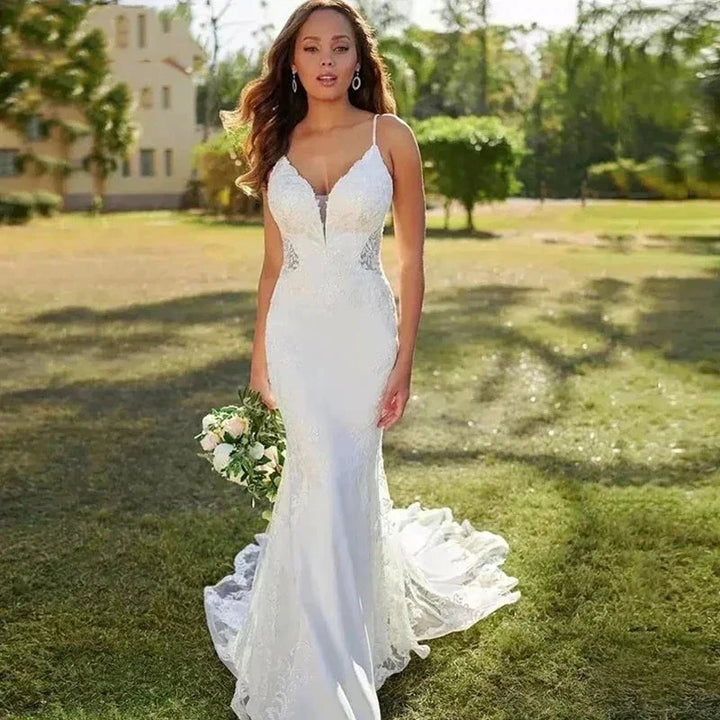 Lace Mermaid Wedding Dresses Sling Sexy V-Neck Women&