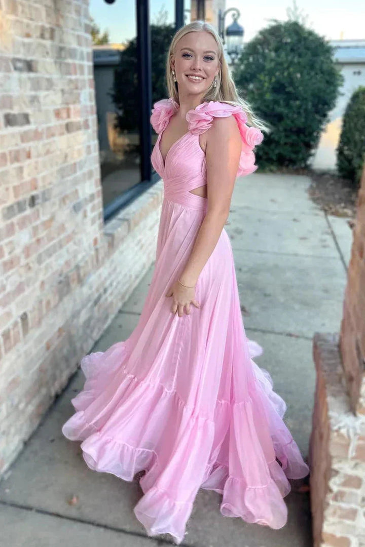 Lace-Up V-Neck Ruffle Pleated Long Prom Dress SYP180 by vivymakudress
