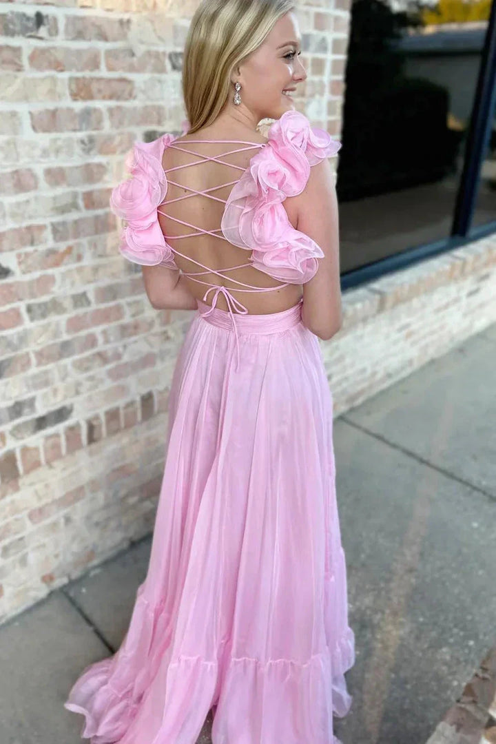 Lace-Up V-Neck Ruffle Pleated Long Prom Dress SYP180 by vivymakudress