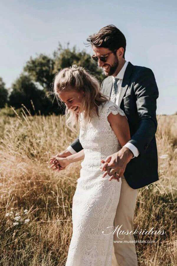 Lace Boho Mermaid Backless Cap Sleeve Bohemian Wedding Dresses MW265 by Musebridals