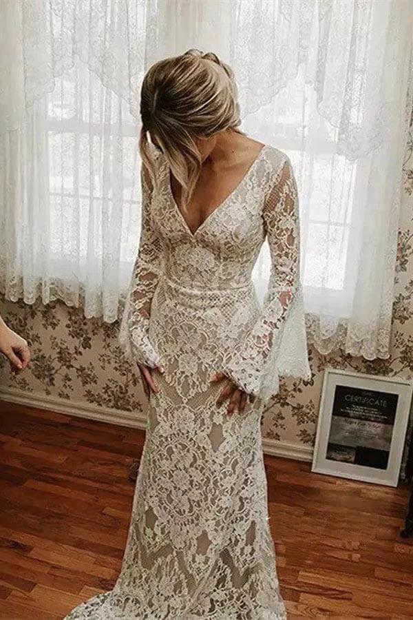Lace Mermaid V-neck Long Sleeves Backless Bohemian Wedding Dresses WD652 by pgmdress