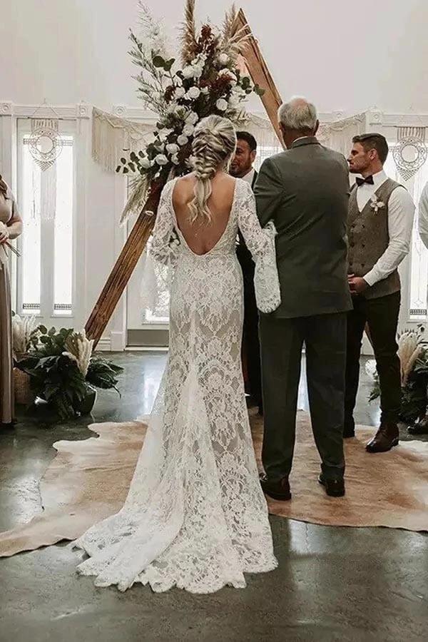 Lace Mermaid V-neck Long Sleeves Backless Bohemian Wedding Dresses WD652 by pgmdress
