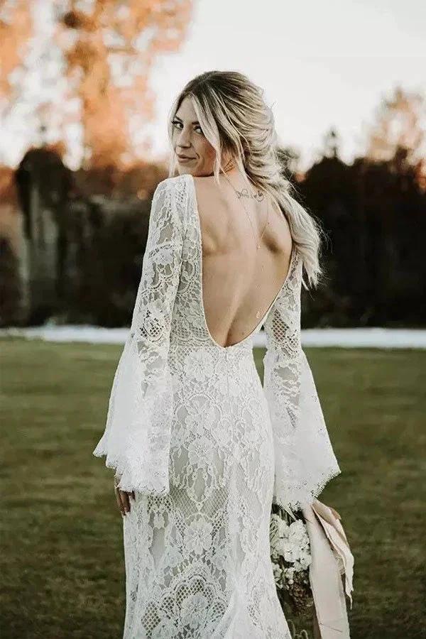 Lace Mermaid V-neck Long Sleeves Backless Bohemian Wedding Dresses WD652 by pgmdress